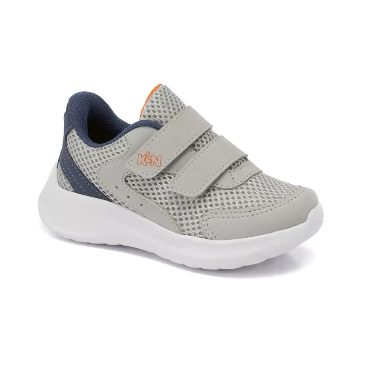 Tênis infantil masculino Klin casual cinza com detalhes em azul e laranja, fechamento em velcro e solado branco